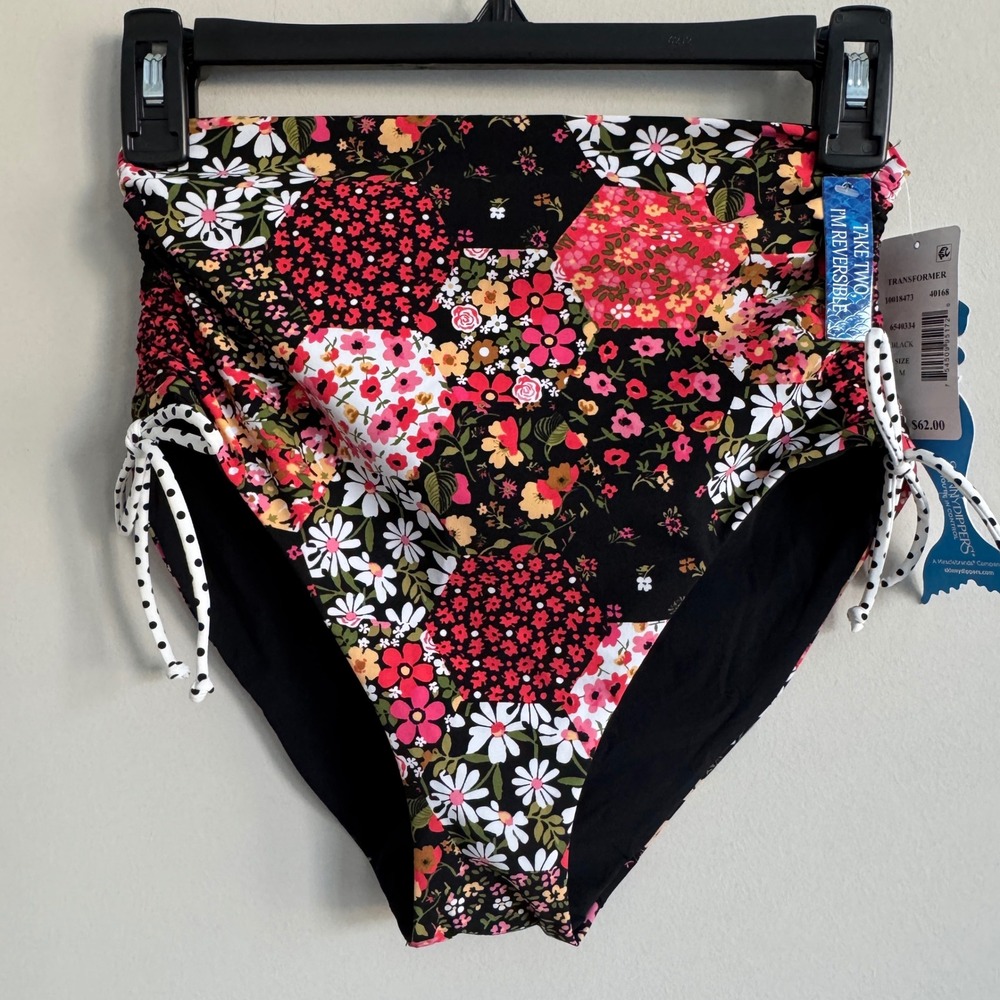 Skinny Dippers Reversible High Waist Bikini Bottoms Floral Black Transformer M